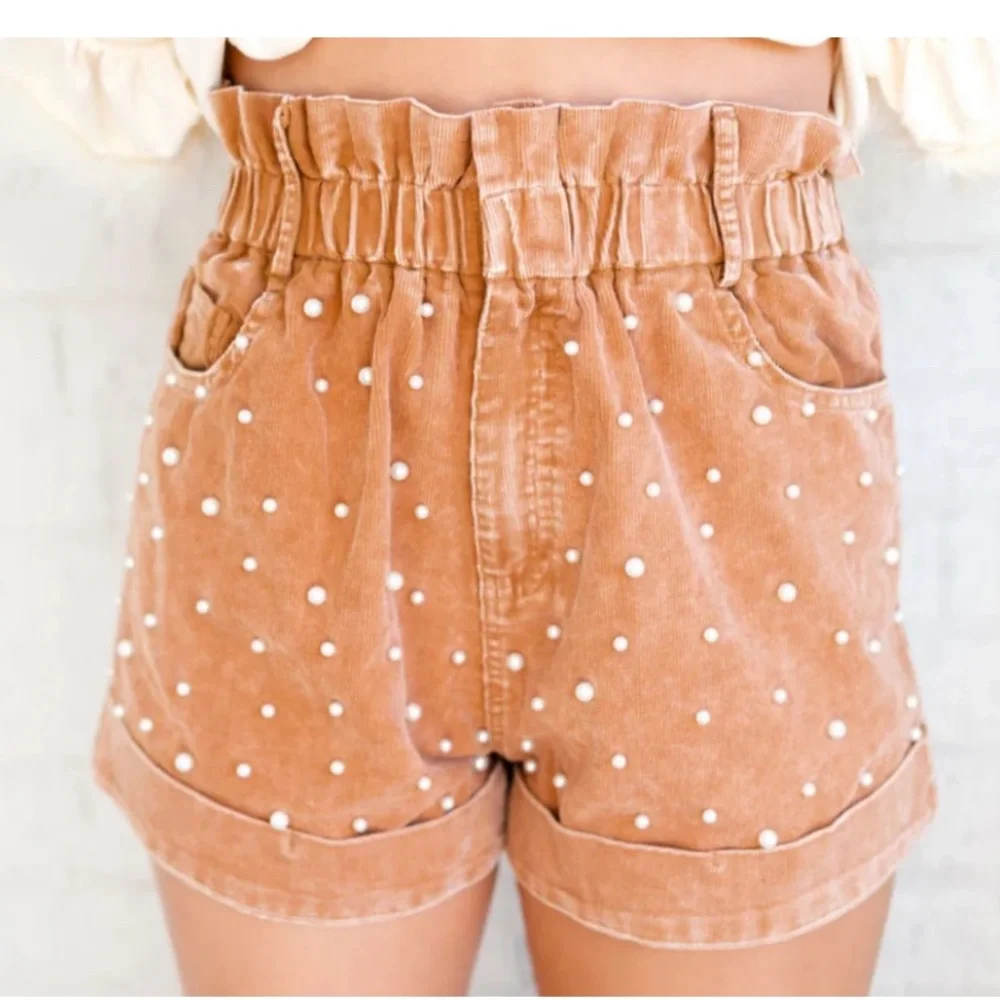Fantastic Fawn Brown Corduroy Cuff Short with Pearl Accent Paper Bag Waist L